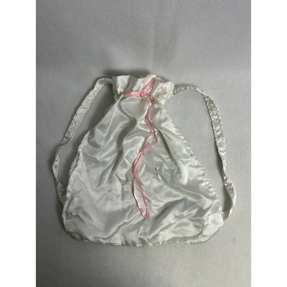 Coquette Balletcore Girls White Satin‎ Pink Ribbon Drawstring Backpack